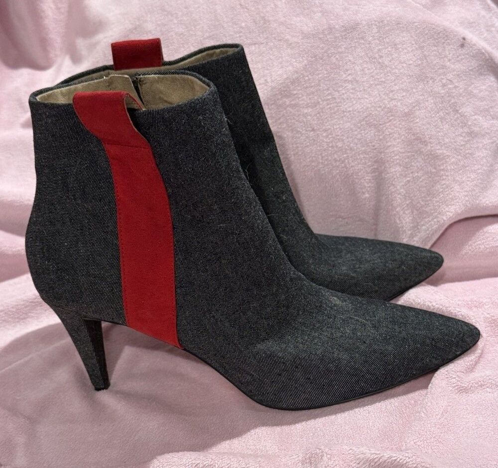 G.I.L.I Penny Ankle Bootie Charcoal Denim Fabric w Red Stripe  Size 10